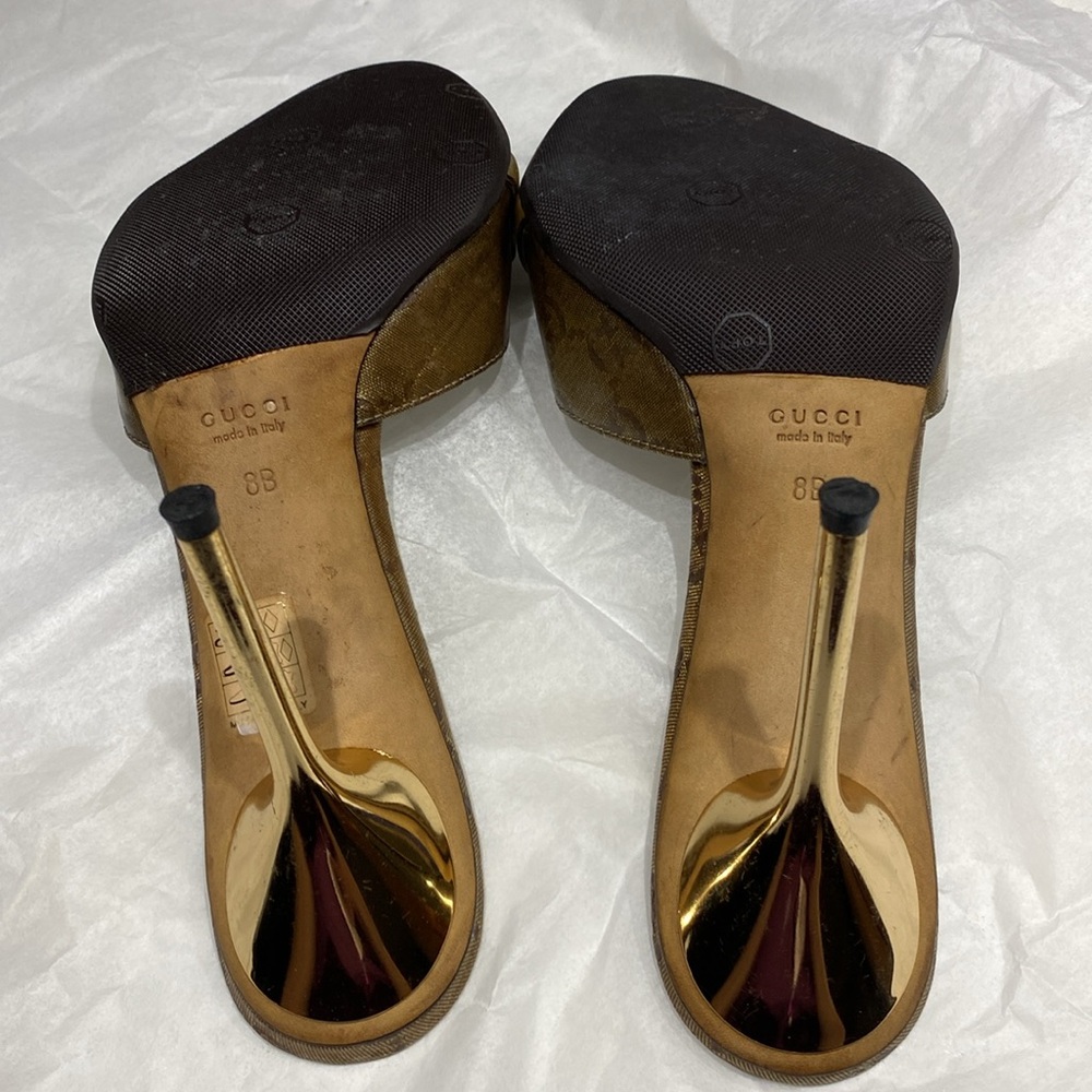GUCCI Crystal Horsebit GG Heeled Monogram Gold Stiletto Mules size 8 & dust bag - Picture 11 of 17